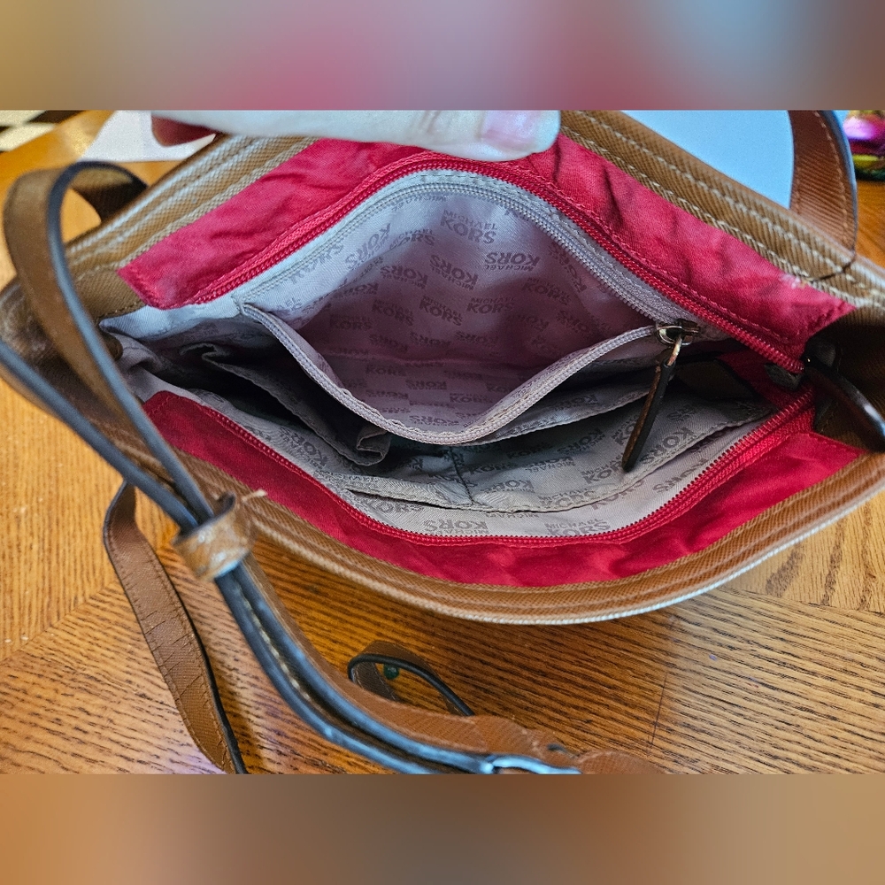 Michael Kors Red Nylon & Brown Slim Crossbody Shoulder Bag Purse Handbag - Picture 7 of 7